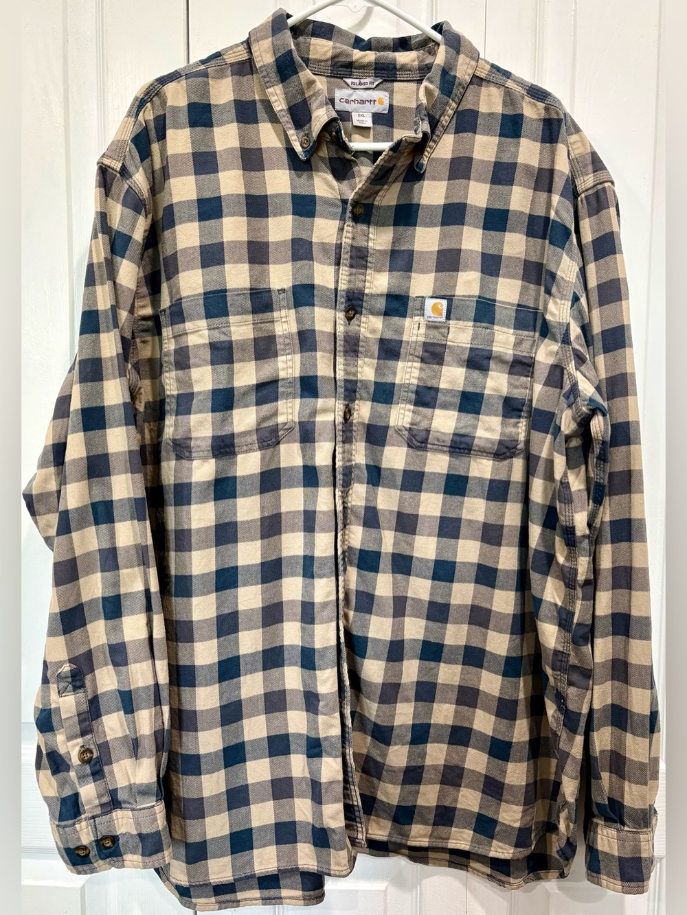 Carhartt Relaxed Fit Plaid Button Up Shirt Men’s 2XL Blue Tan Workwear